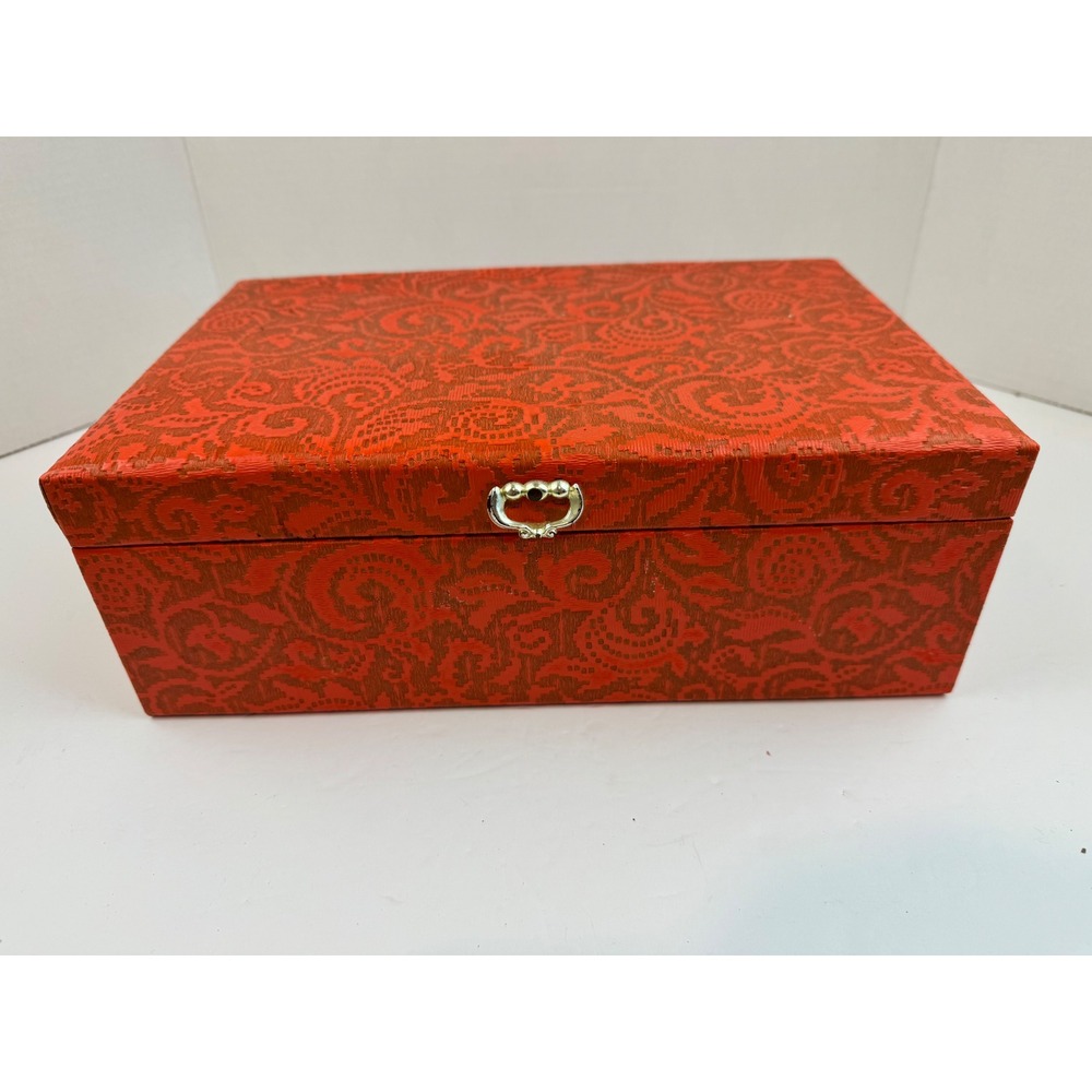 Vintage Lady Buxton Orange Brocade Jewelry Box Velvet Lined 3 Compartment Vanity